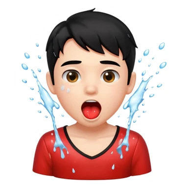 a peach splashing water in boy's mouth above his head with black hair and red dress sticker