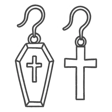 goth earrings, coffin and cross, mismatched pair, gothic symbolism sticker