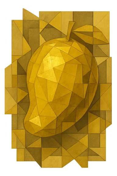 A mango made out of solid gold, abstract and artistic, with unique shapes and patterns sticker