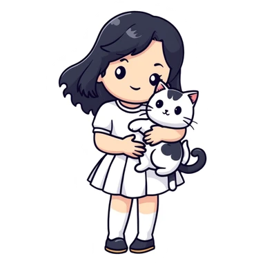 A beautiful girl with long black hair wearing a white skirt holds a cute white cat in her arms sticker