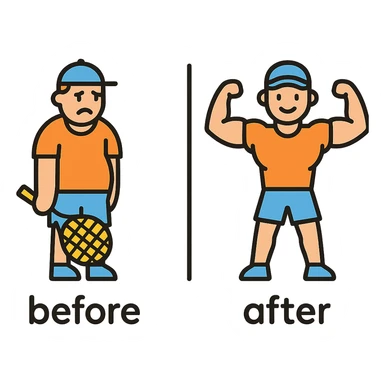 in the picture is devided in to two parts, at the first the sportsman is weak and lazy, but at the second picture the same sportsman is very strong because he doing a workout regularly. There is no line between the picture, at the first picture the is a word before, in the second picture there is a word after sticker