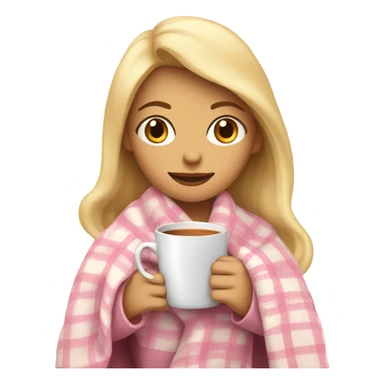 A blonde girl covered in a plaid light pink blanket sipping hot tea sticker