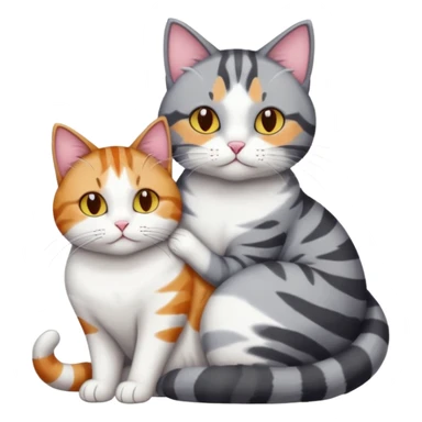 full body colourful light patched calico + white tabby cat cuddling a bigger cat that is dark grey and white tabby cat  and they are in love sticker