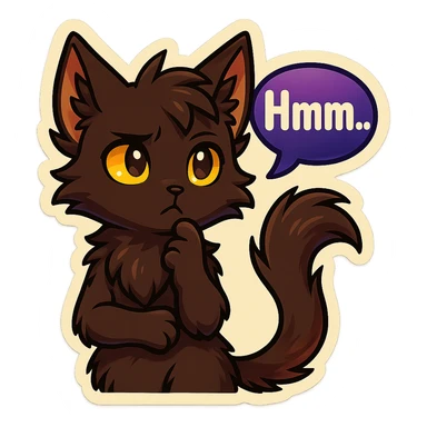 a dark-brown fluffy cute kawaii anthropomorphic furry anime cat-furry with tufted ears, golden eyes, and a long thin tufted tail, thinking, frowning thoughtfully, saying “Hmm..” with a purple speech bubble, (cartoon style) (cute anime style) (furry style) (deviantArt style) (artist style: Kamirah) sticker
