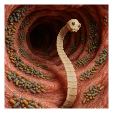 a medical illustration of a human realistic gut with bacteria and parasyte (tenia) realistic 4k real   sticker