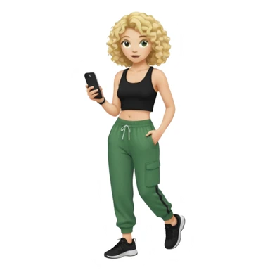 A white curly with curly blonde hair wearing a black crop top and baggy green sweatpants walking holding her tan i phone sticker