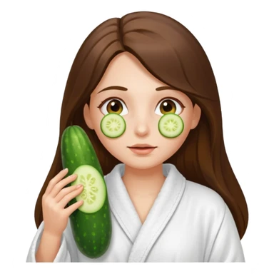 white long brunette hair girl with hazel eyes in a bathrobe with cucumbers on her eyes sticker
