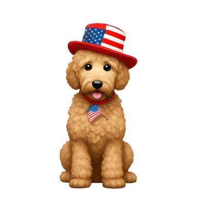 Golden doodle in front of USA flag wearing red hat  sticker