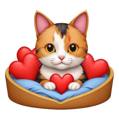 Cat in a bed holding a big heart sticker