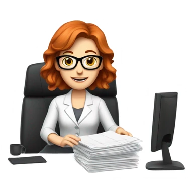 red hair woman nutritionist wearing glasses desk monitor stack paper sticker