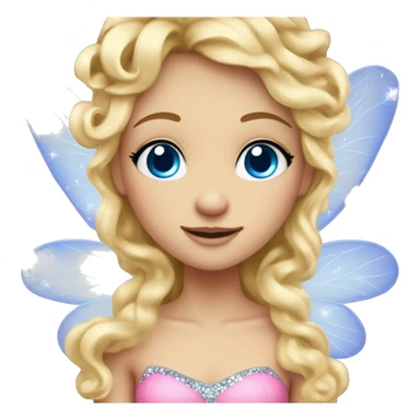 Create a blonde haired fairy with blue eyes and a pink dress with sparkly wings. The fairy has long, curly hair with a lot of volume sticker