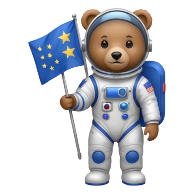 Brown bear in space suit, holding blue rectangle flag sticker