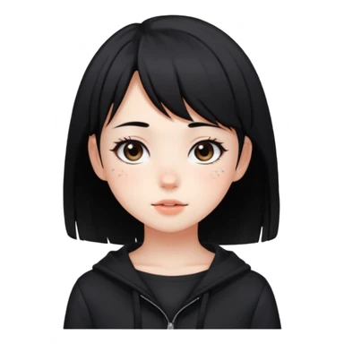 Cute anime girl in dark tones with a blushing face and freckles, with short black hair, and a dark trend style sticker