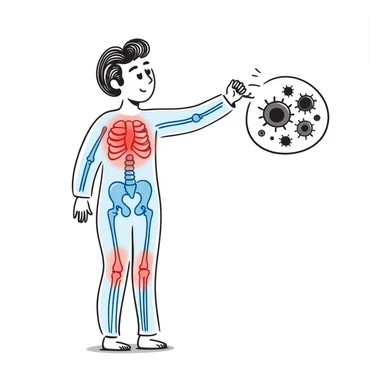Medical illustration of anti-inflammatory process: transparent human body with highlighted joints, cool blue healing energy neutralizing red inflammation areas, small circular inset showing immune cells becoming calm, clean clinical style with soft futuristic background sticker