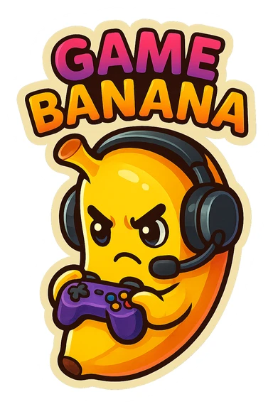 Cartoon banana wearing headset, holding tiny controller, focused expression, text above: "NE BANANA", chibi style, Twitch emoji style, transparent background, colorful sticker