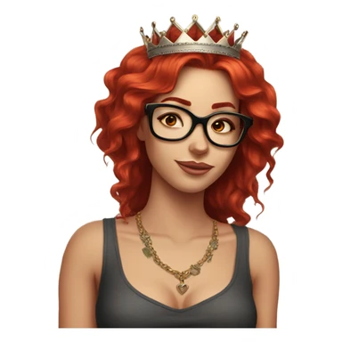Beautiful girl, long red hair, tattoos, glasses and a crown sticker