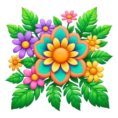 3D, psychedelic colored hippie style flower border with leaves sticker