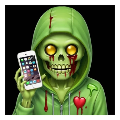 Grande faucheuse façon emoji iPhone, visage sombre mi-zombie mi-squelette, slime vert, billets de 100$ intégrés dans la capuche ou autour, tient une faux, fond blanc, effrayant, sans animal ni humain, composition centrée pour photo de profil sticker