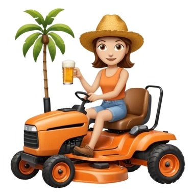 White woman with brown hair, without glasses wearing a straw hat, on old orange ride on lawn mower, holding a beer with one hand and holding the steering wheel with the other hand. Woman is smiling.  sticker