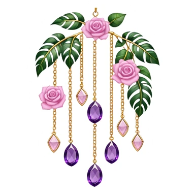 Hanging suncatcher, gold chains with shiny sparkly amethyst and rose-quartz gemstones, roses, beautiful tropical leaves, gorgeous aesthetics sticker