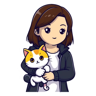 Light-skinned girl with brown straight hair wearing a black jacket, with a white cat with yellow eyes and a calico cat sticker