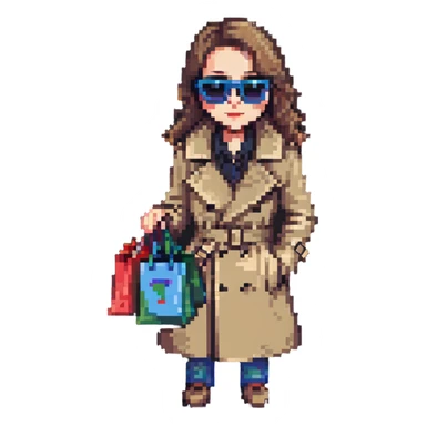 mystery shopper wearing trench coat and sunglasses, holding shopping bag, pixel art style sticker