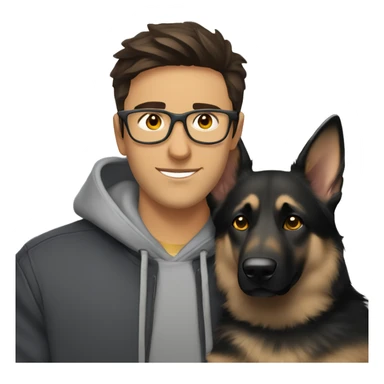 a handsome guy (dark brown hair, grey colour eyes, thin stylish black glasses, hoodie) hugging a dog (grey colour german shepherd, yellow/brown eyes) sticker