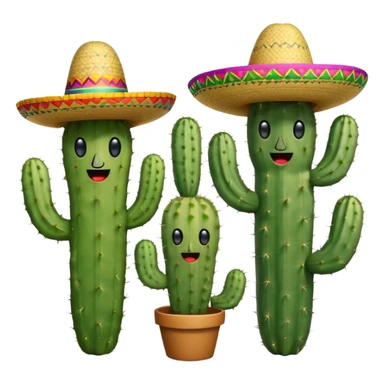 three cactuses standing together, each wearing a colorful Mexican sombrero, one cactus cheeky expression, one happy expression, one surprised expression, fun friendly emoji style sticker