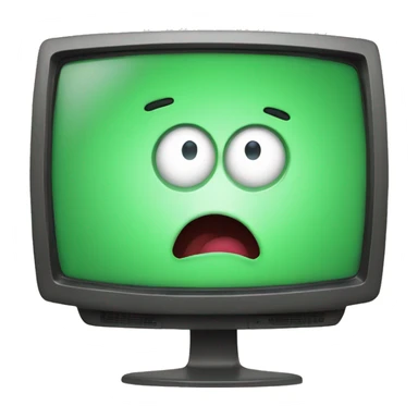 A green tv with a white screen and a shocked face on the screen sticker