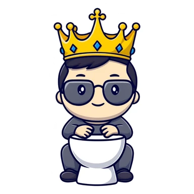 Royal king with crown sitting on a toilet, wearing round glasses and black hair sticker