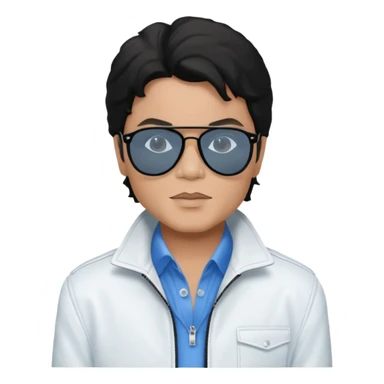 Michael Jackson is white, wearing completely black smokey Ray-Ban glasses, a white jacket, and a blue shirt. sticker