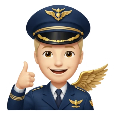 Slack-style emoji of a pilot wearing a slightly tilted navy captain hat with gold wings, giving a thumbs-up, big cheerful smile, eyes closed or happy squint sticker