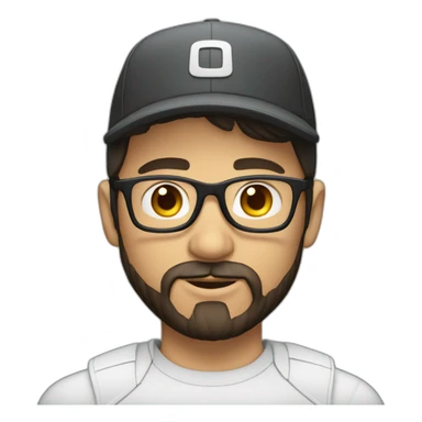 young dark-haired white man with a cap, glasses and beard sticker