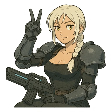  she is wearing armor, doing live-fire exercises at a safe and sanctioned training firing range with a maximum power blaster, except instead she's giving a victory salute, a closeup portrait of young woman with gold yellow eyes, white hair, long braid, black off-shoulder top d-cup, punk gothic style, futuristic cyberwave cyberpunk, sitting position
 sticker