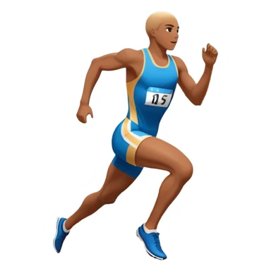 An icon symbolizing professional running: a dynamic sprinting athlete in motion on a track, leaving motion lines behind. The background features a large stadium with cheering crowds, a digital timer, and a clear blue sky. Transparent background emphasizes speed, endurance, and competition. sticker