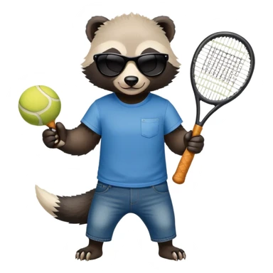 mischievous anthropomorphised honey badger in jeans and a t-shirt, wearing sunglasses, holding a tennis racket sticker