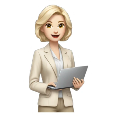 pale skin woman with ash blonde Straightened bob Hair, White Spacious classical jacket, beige palazzo Arrow pants and gray blouse holding a MacBook in the hands sticker
