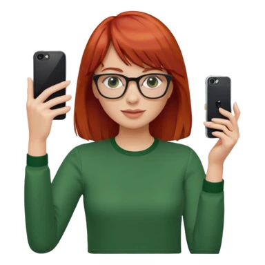 red haired woman with bangs, glasses, green blouse holding her phone having selfie sticker