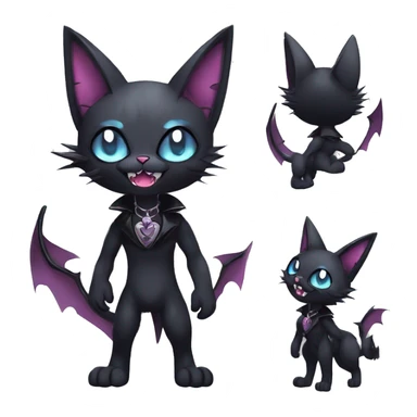   cool edgy kawaii anime-style ethereal dark-punk-themed animal vampiric cat-hybrid Fakemon with fangs and bat-wing-ears with a collar full body sticker