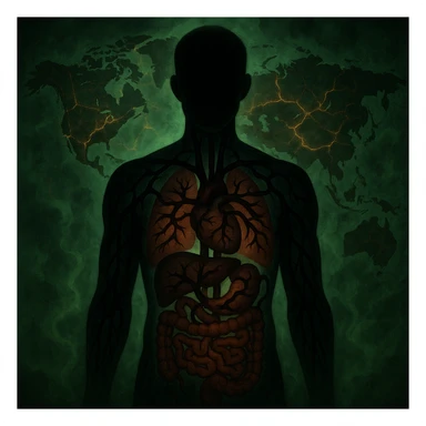 semi-realistic, high contrast, allegorical; human silhouette with visible organs, dark worm-like forms radiate into every organ, world map background, glowing cracks, sickly green mist, medical-fantasy atmosphere sticker