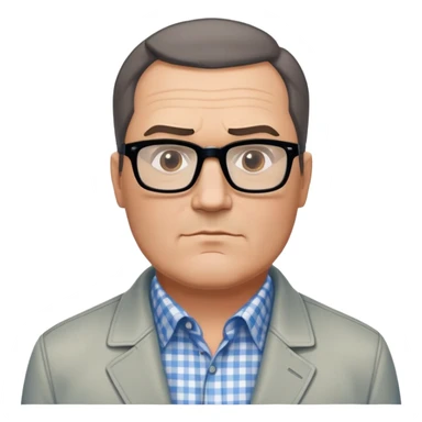 50-year-old heavyset man with very wide face and prominent square jawline. Short straight hair combed to the side, not balding. Large dark square glasses. Serious-relaxed expression. Light gray jacket that fits his larger frame, white shirt with blue checkered pattern. sticker