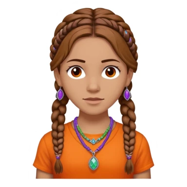 Black Annabeth Chase her head full of braids all over brow hair and a orange shirt that says CHB and with a purple orange green and blue and white beaded necklace sticker