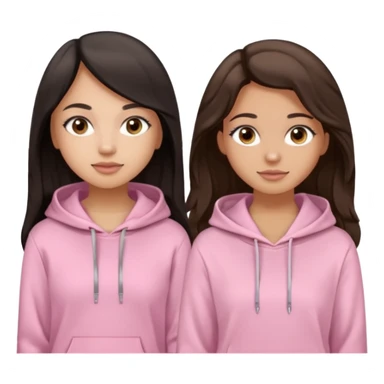 A pretty girl with light skin and long straight black brown hair, wearing a very light pink basic hoodie with brown eyes and makeup and a round face with another girl who is taller with an oval face, tan skin and very wavy brown hair, and a light pink basic shirt sticker