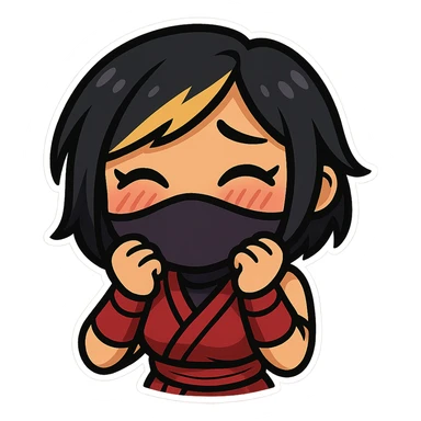 Sexy chibi ninja girl with black short hair and a blonde streak, only head and arms, colorful chibi style with bold outlines, transparent background, no mask, embarrassed face with blushing cheeks and shy smile, sized for Twitch emoji use. sticker