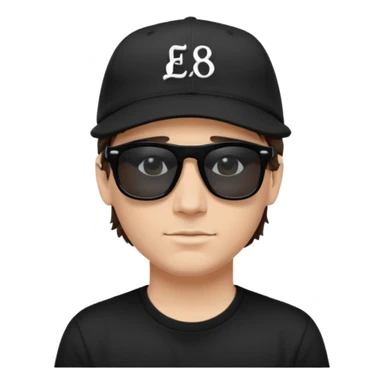 Emoji of a white man with short dark brown hair under a black baseball cap, wearing a black t‑shirt and 1980s‑style black Ray‑Ban rectangle sunglasses black lenses, with black musical notes floating around his head,  sticker