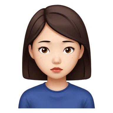A young Asian female with a gloomy expression, thinking of chocolate sticker