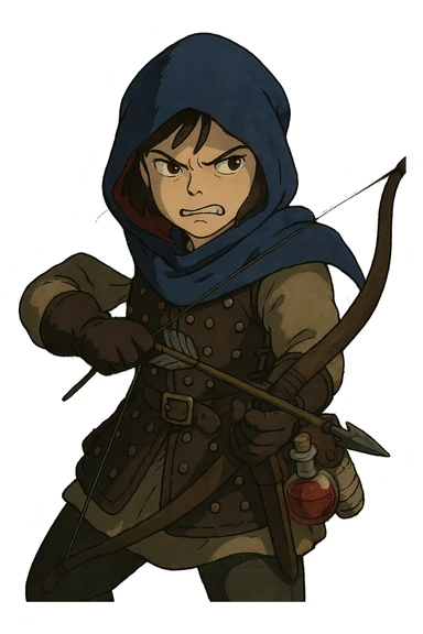 A female rouge , colored hood, wearing brigandine armor with, bow and arrow at the ready, night time shadows, tool belt with red potion and bandages, mischievous frown,  anger sticker