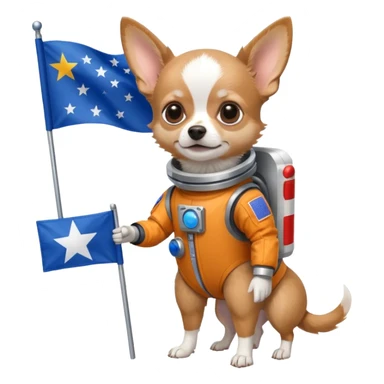 a chihuahua dog in space suit, holding blue rectangle flag, full body, front view sticker