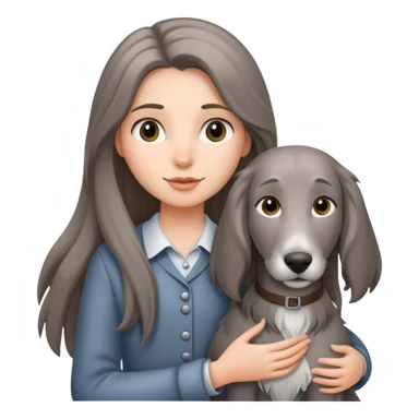 A long-haired girl holding a gray hound sticker