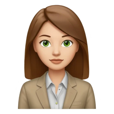 Adult woman avatar, light skin tone, oval face, straight long brown hair, green eyes, neutral mouth, business casual  sticker